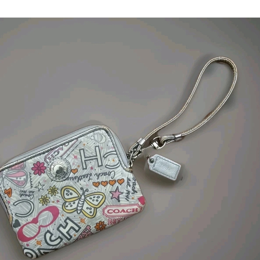 Coach Multicolor Wristlet  Silver Accents Poppy Metallic Satin Graffiti Print